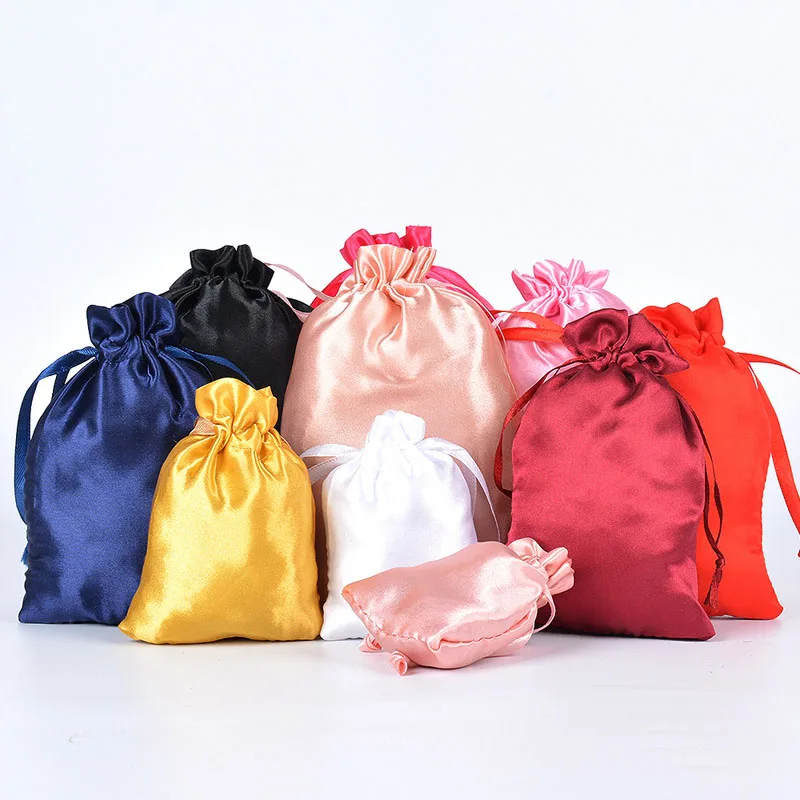 50pcs/lot Soft Silk Satin Pouches Drawstring Gift Bags For Jewelry Necklace Makeup Wedding Packaging Bags Custom Print Logo