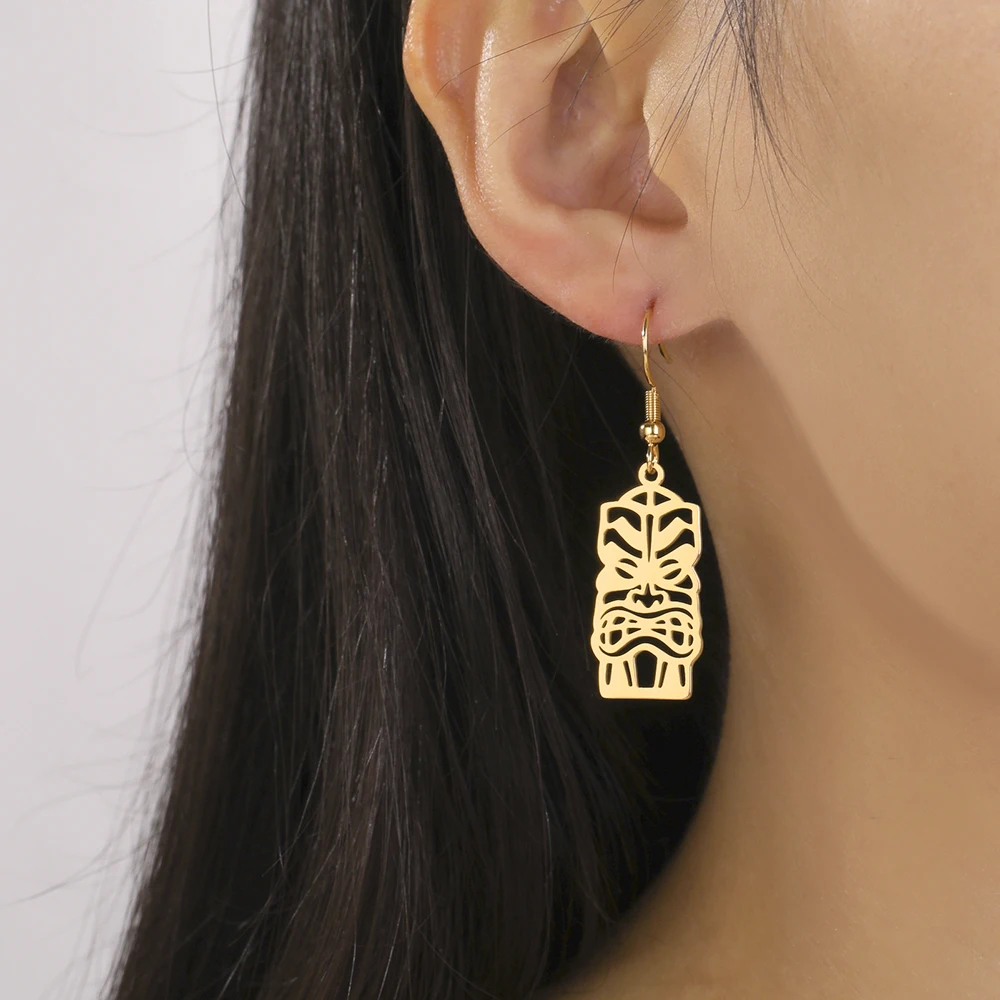 Dawapara Retro Tiki Totem Dangle Earrings Tribal Culture Indigenous People Mask Protection Amulet Stainless Steel Jewelry