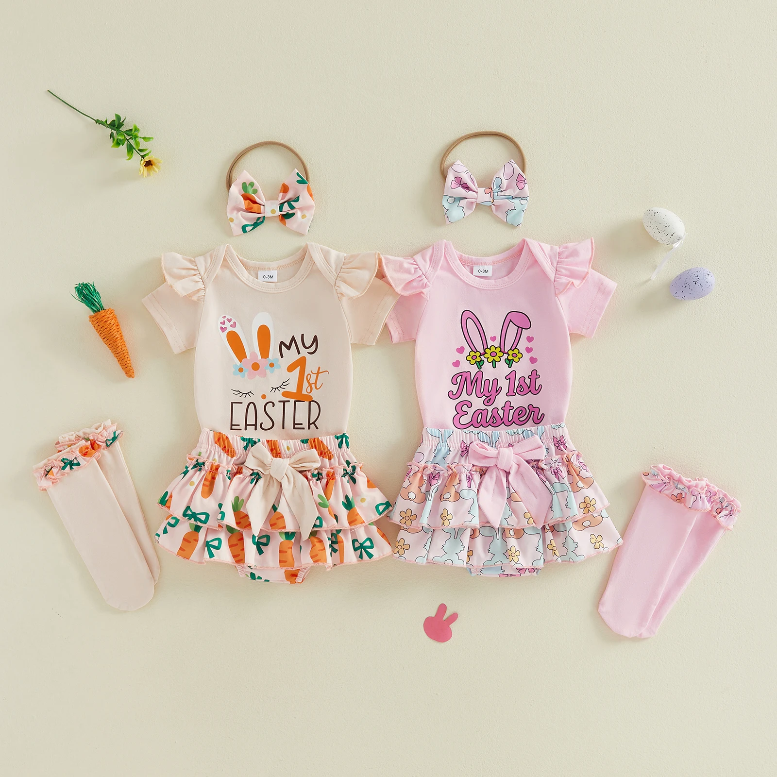 

Baby Girl Easter Outfit Short Sleeve Letters Romper with Carrot Bunny Shorts Bow Headband Socks