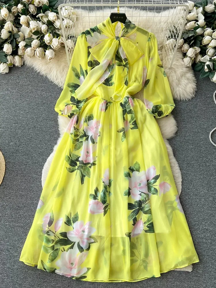

Fashion New Yellow Elegant Dress Women Sweet Flower Print Dress Female Slim Chiffon Dress Holiday Summer Lady Vestidos Mujer