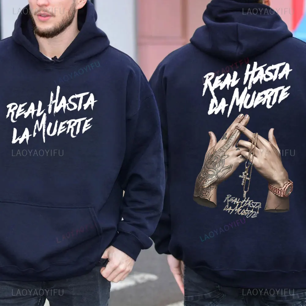 Cotton Fashion New Boys Boyfriend Highstreet Cool Anuel AA Real Hasta La Muerte Fashion Men Printed Hoodie Black Sweatshirt