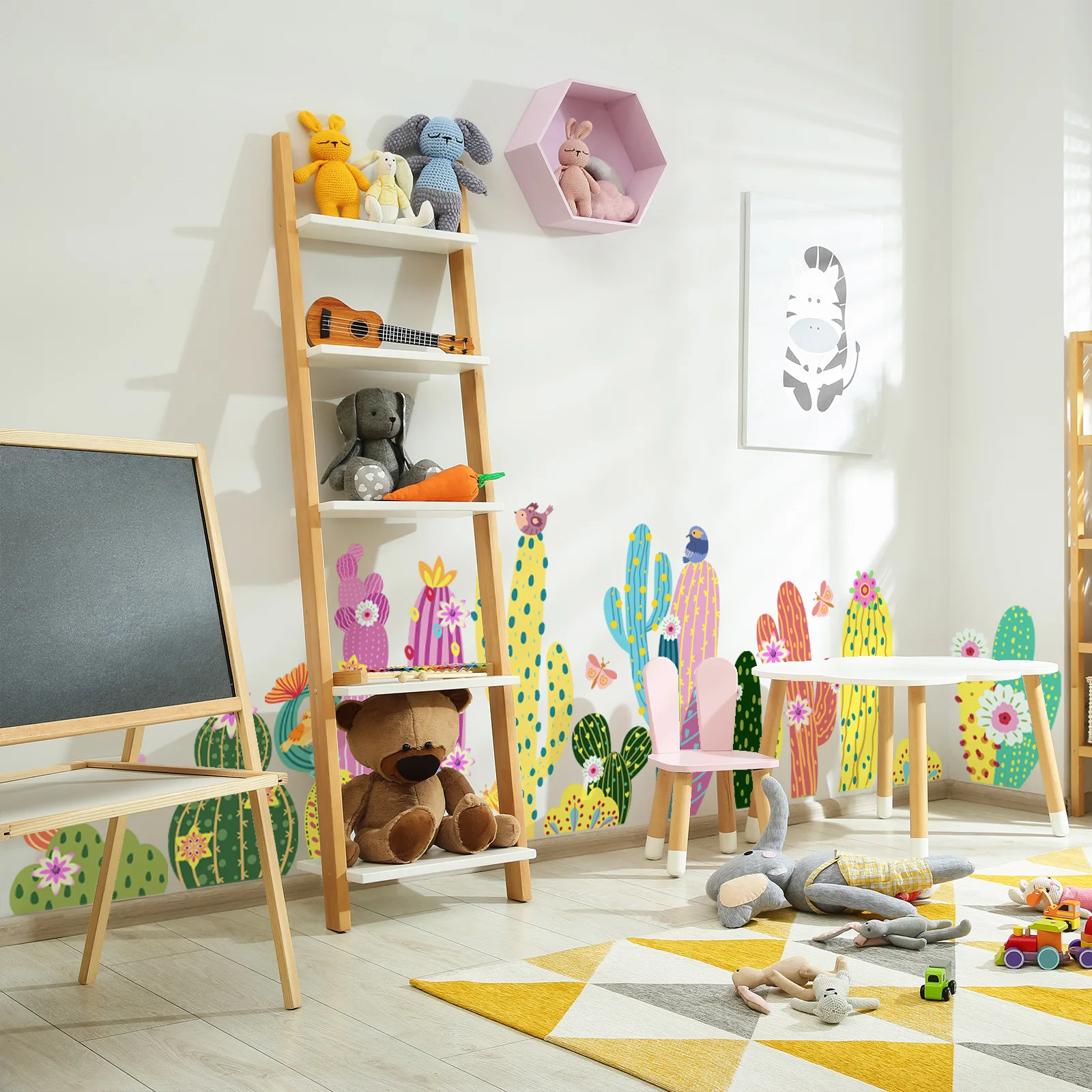 Removable Cacti Wall Stickers Colorful Boho Design for Childrens Room Playroom Living Room 60x180cm Total Size