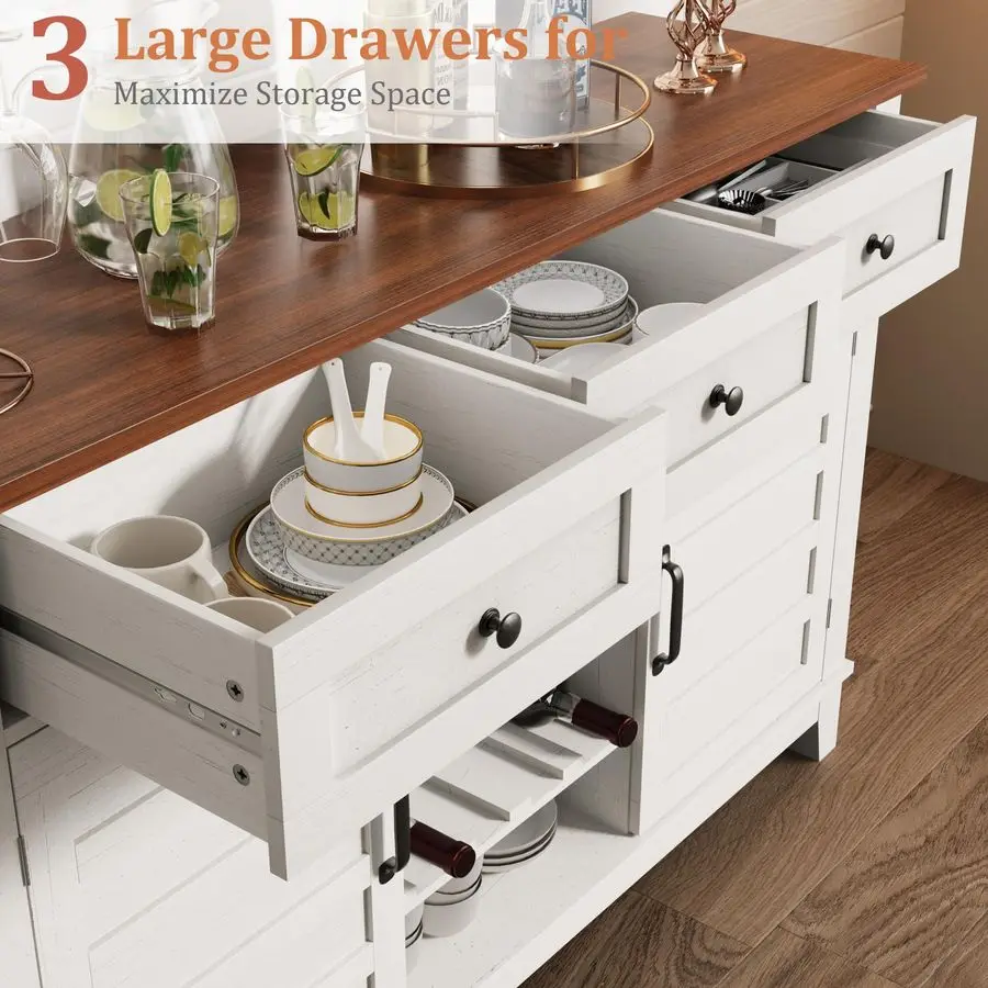 53.5 Farmhouse Buffet Cabinet with Storage, 36 Tall Wood Rustic Sideboard with 3 Drawer, Reversible Wine Rack and Adjustable She