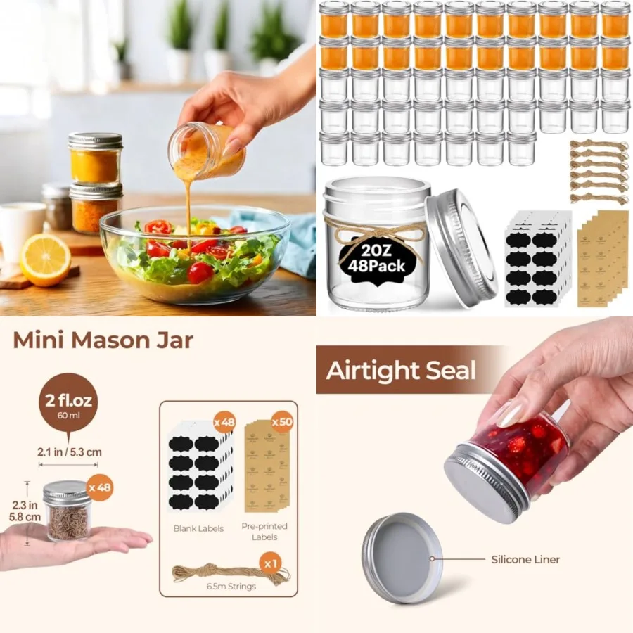 

Small Mason Jars 2 oz, 48 Pcs Mini Mason Containers, Small Canning Jars, Mini Glass Jar with Lids for Ginger Shots, Honey, Jams