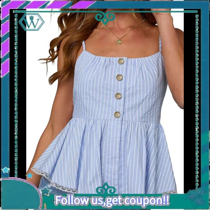 a09p-レディース-ストライプ-ノースリーブ-ペプラム-トップ-フリル裾-シャーリングバスト-キャミソール