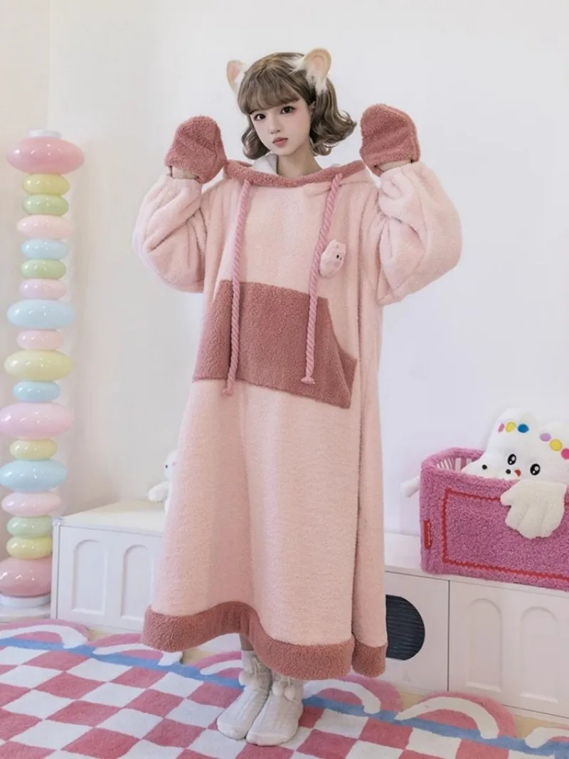 Kawaii Plush Animal Cloak Winter Warm Cartoon Pajamas Girl Sleepwear Cute Hooded Homewear Female Blanket Cape