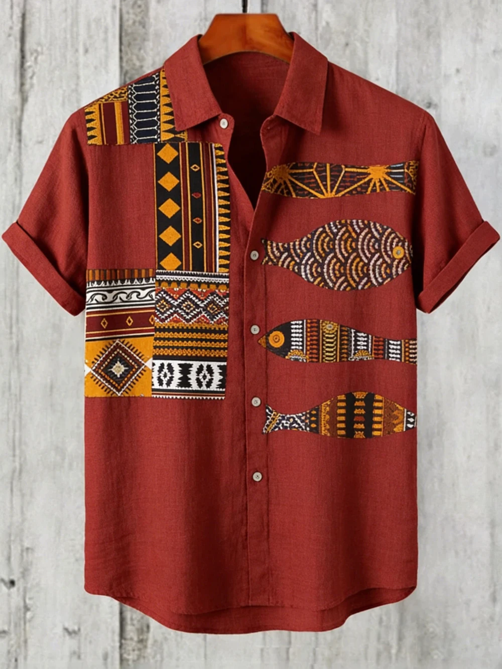 Men's Linen Short Sleeve Shirts with Funny Animal Ethnic Patterns