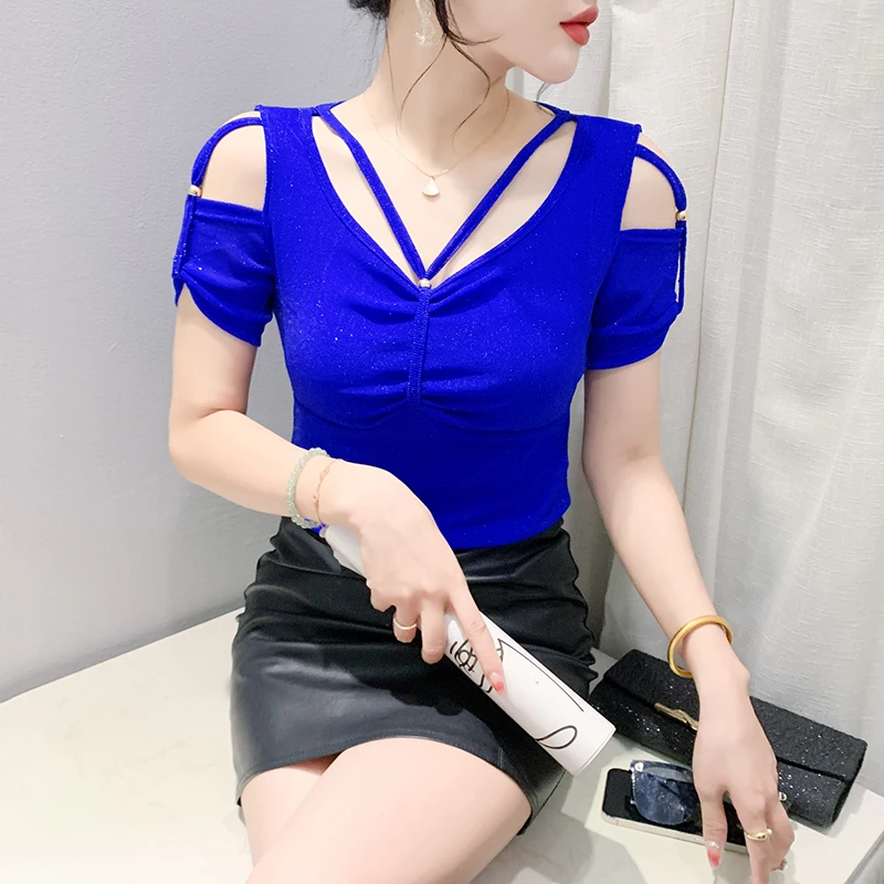 Summer New Sexy Mesh T-Shirt Elegant Slim Hollow V-neck Short Sleeved Solid Color Women\'s Top
