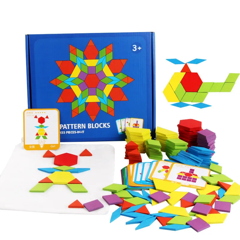 

Wooden Pattern Blocks 55PCS Geometric Shape Puzzle Kindergarten Tangram Brain Teasers Early Educational Montessori for Kids