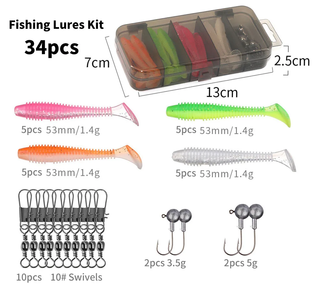 34pcs Soft Fishing Lures Kit Bass Pike Trout  Aritificial Bait Silicone Swimbait Jig Heads Hook Swivels Fishing Tackle Box Set