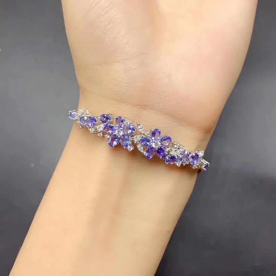 Luxury Natural Tanznaite Bracelet for Wedding 18 Pieces 3mm*4mm Total 2.7ct Tanzanite 925 Silver Bracelet with Gold Plating