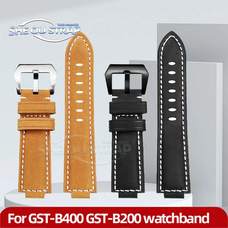 

Men's Cowhide Leather Watchband 24mm for Casio G-SHOCK GST-B400 GST-B200 GST-B400 Matte retro Watch Strap Accessory