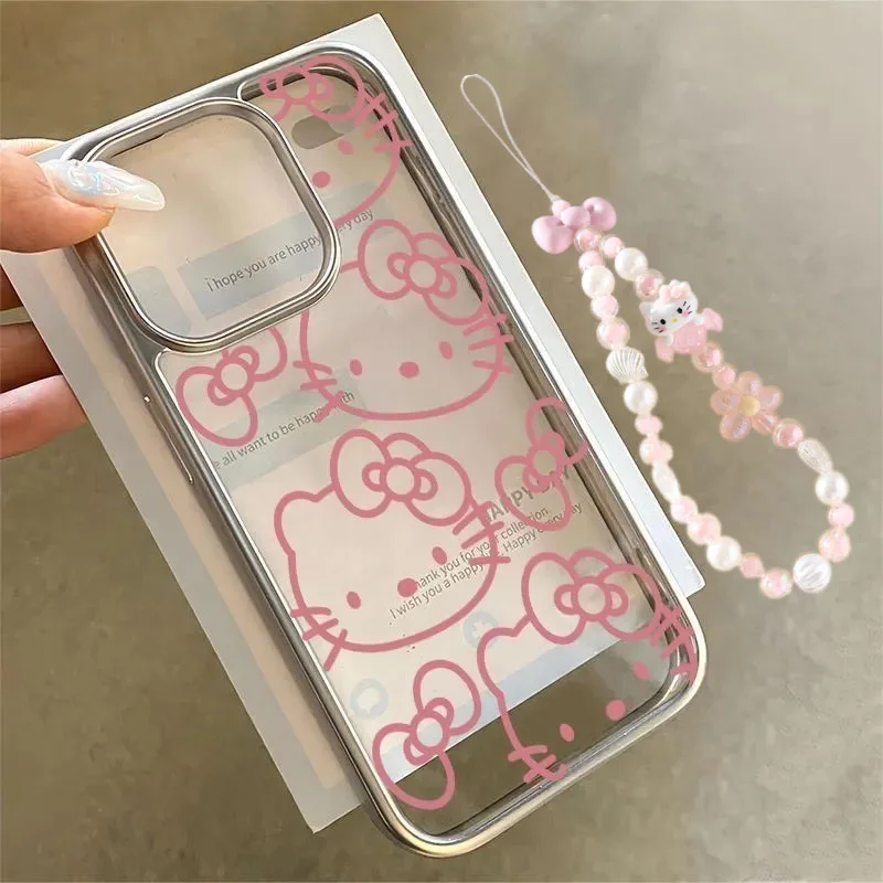 Full Screen Line Hello Kitty Pink Strap Phone Case For iPhone 16 15 14 13 12 11 ProMax XR XS MAX 7 8 Plus Y2K Girl Cartoon Cover