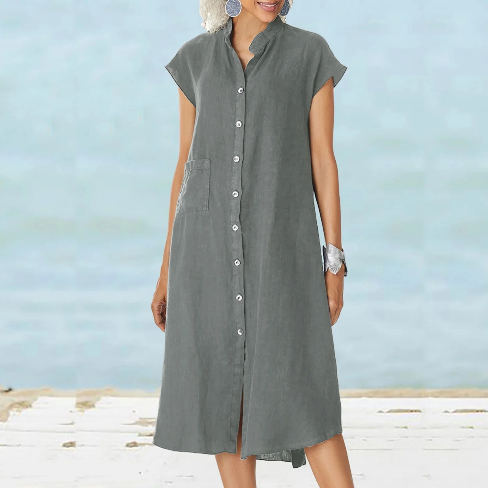Sukienka koszulowa dla kobiet Lniana bawełniana odzież 2023, Wiosna Lato Casual Vintage Oversized Pure Long Midi Dresses