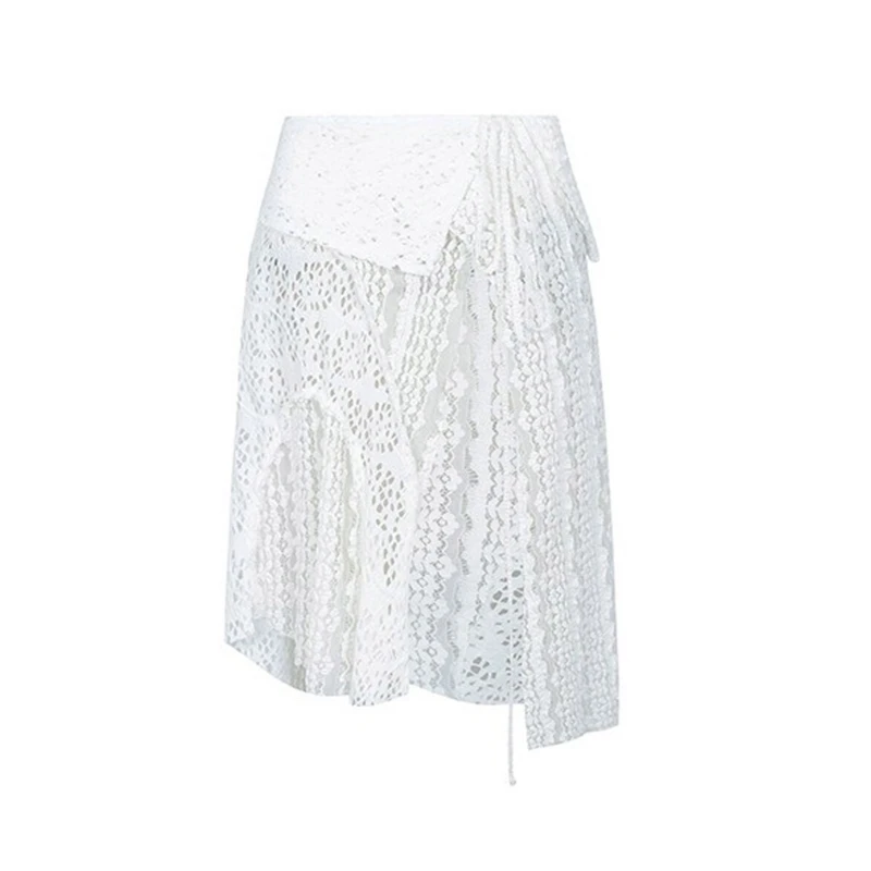 Hollow Crochet Lace Half Skirt Hip Scarf Women Aesthetic Asymmetrical Layering Apron Skirt Lace Up Covering Overskirt