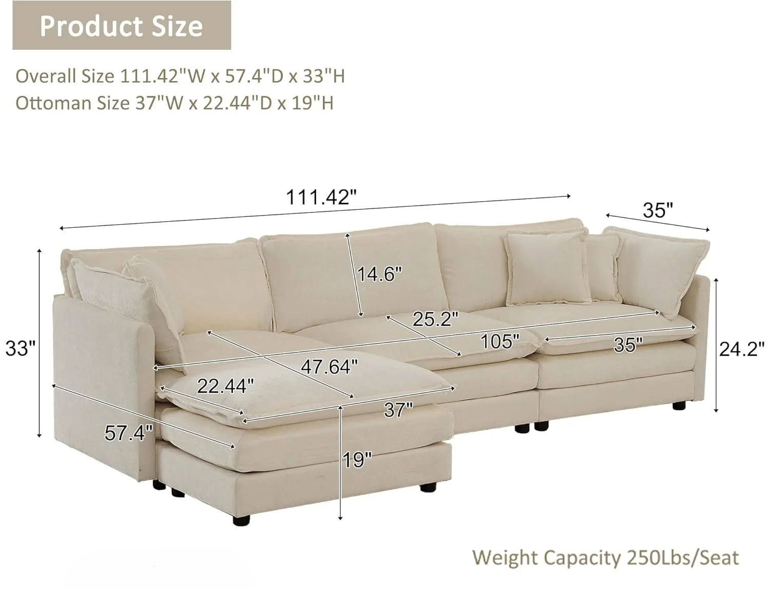 Modular Sectional Sofa, Convertible Modern L Shaped Sofa Chenille Cloud Couches Set with Ottoman for Living Room