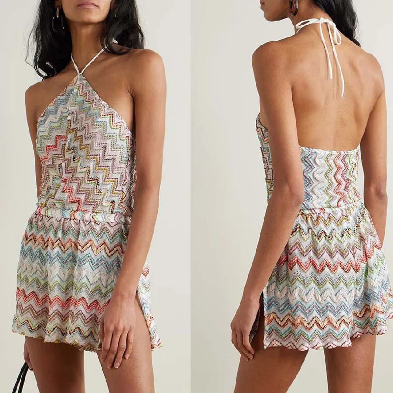 2025 novo verão sexy menina quente impresso onda colorida sem costas halter pescoço fenda macacão uma peça roupa feminina