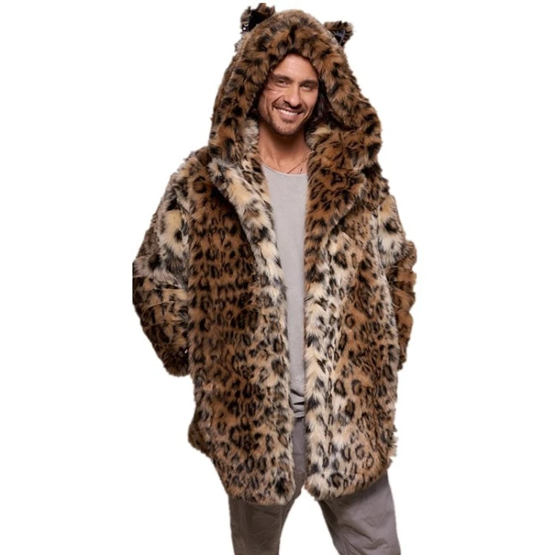 New Style Couple Imitation Fur Coat Leopard Print Hooded Casual Sweater for Men and Women