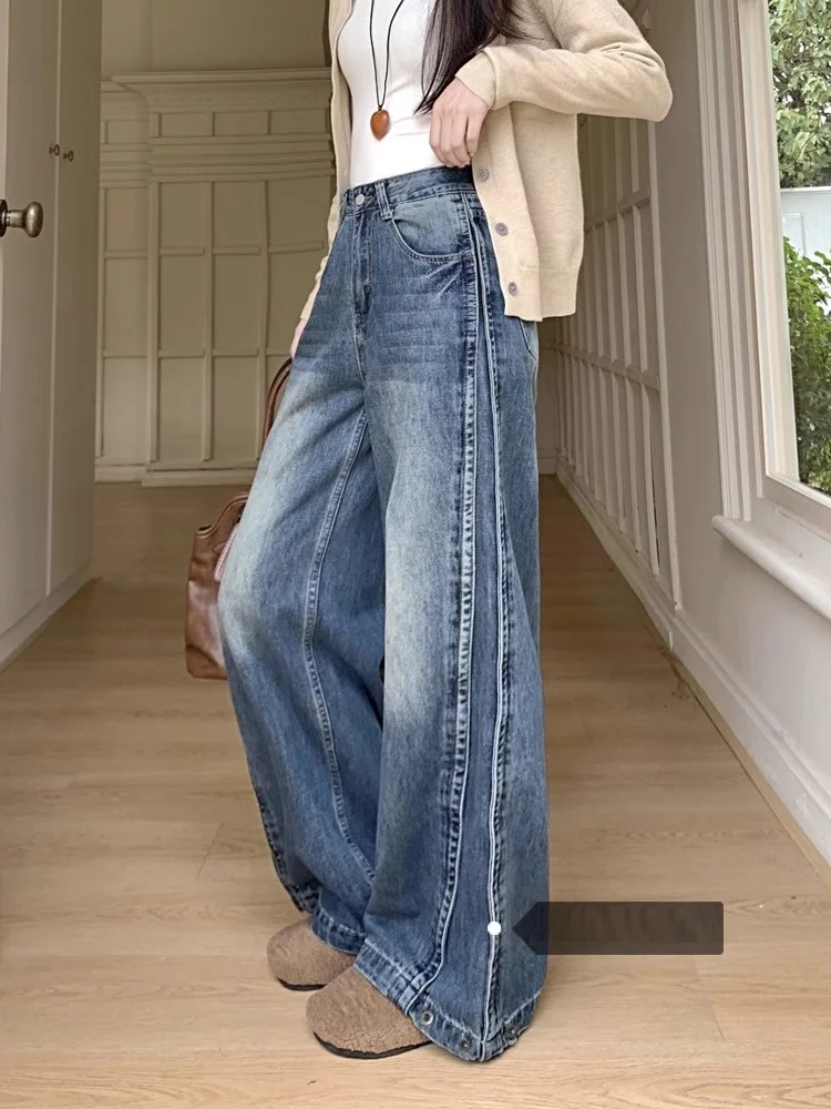 

American Sle High Waist Wide Leg Jeans Women's Faionable Straight Cut Long Pants Spring Autumn Wear All Matched Slimming