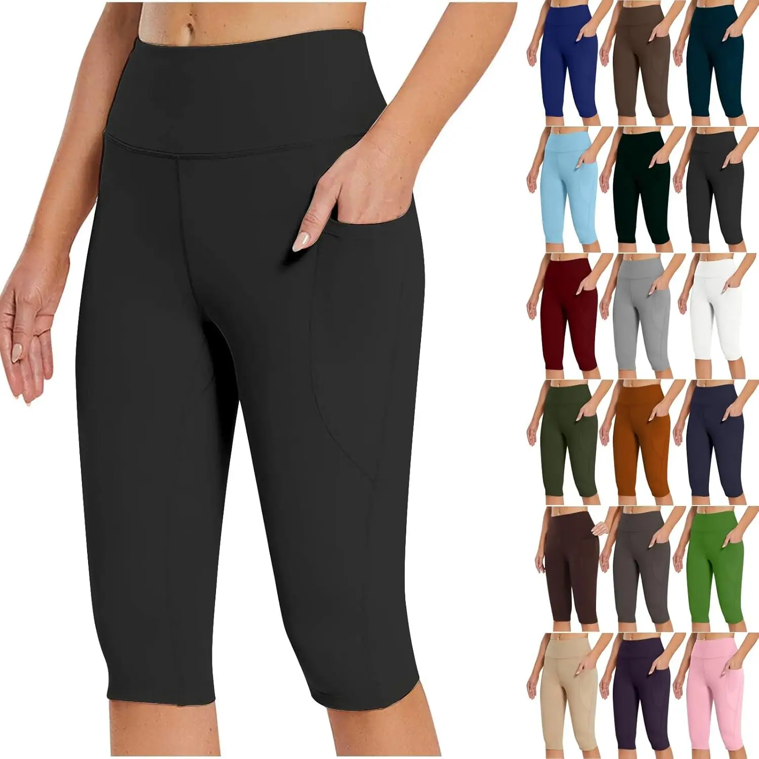 Women's Knee Length Leggings Yoga Capris High Waist Tummy Control Workout Running Athletic Gym Biker Shorts with Pockets