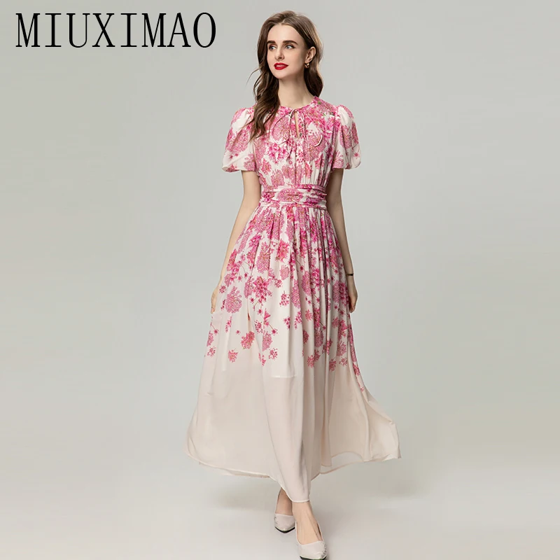 

MIUXIMAO Summer High Quality New Arrivals Women Dress Elegant Vintage Print Puff Sleeve O-Neck Ankle-Length A-LINE Dresses Bow