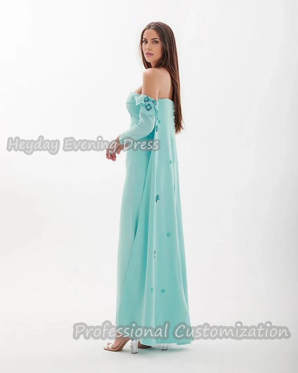 Heyday Off-the-shoulder Saudi Beaded Long Sleeves Straight Prom Gown Crepe Ankle Length Sexy Elegant luxury Dress For Women 2024