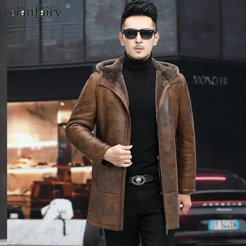 

Men's Genuine Leather Jacket Original Natural Fur Jackets Men Sheepshearling Real Fur Coat Mens Winter Midi Hooded Coats FCY4032