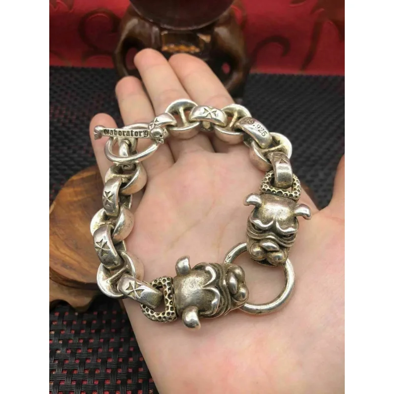 Asian chinese old miao silver hand cast dog statue bracelet jewel cool gift