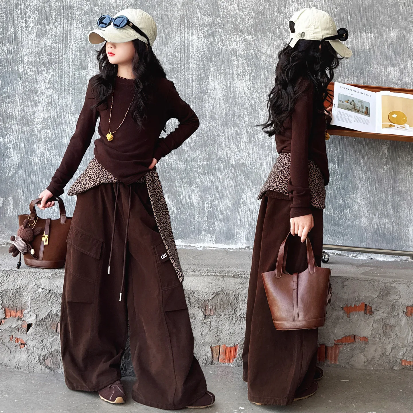 

Весенне-осенняя тонкая футболка с леопардовым принтом для девочек, комплект брюк с шалью, детская школьная одежда, модный костюм для отдыха для детей