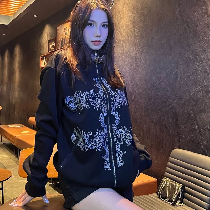 Woman New Restore Ancient Ways Elegant Brief Street Clothes Fashion Punk Stand-up Collar Individuality Hoodie Printing Cardigan