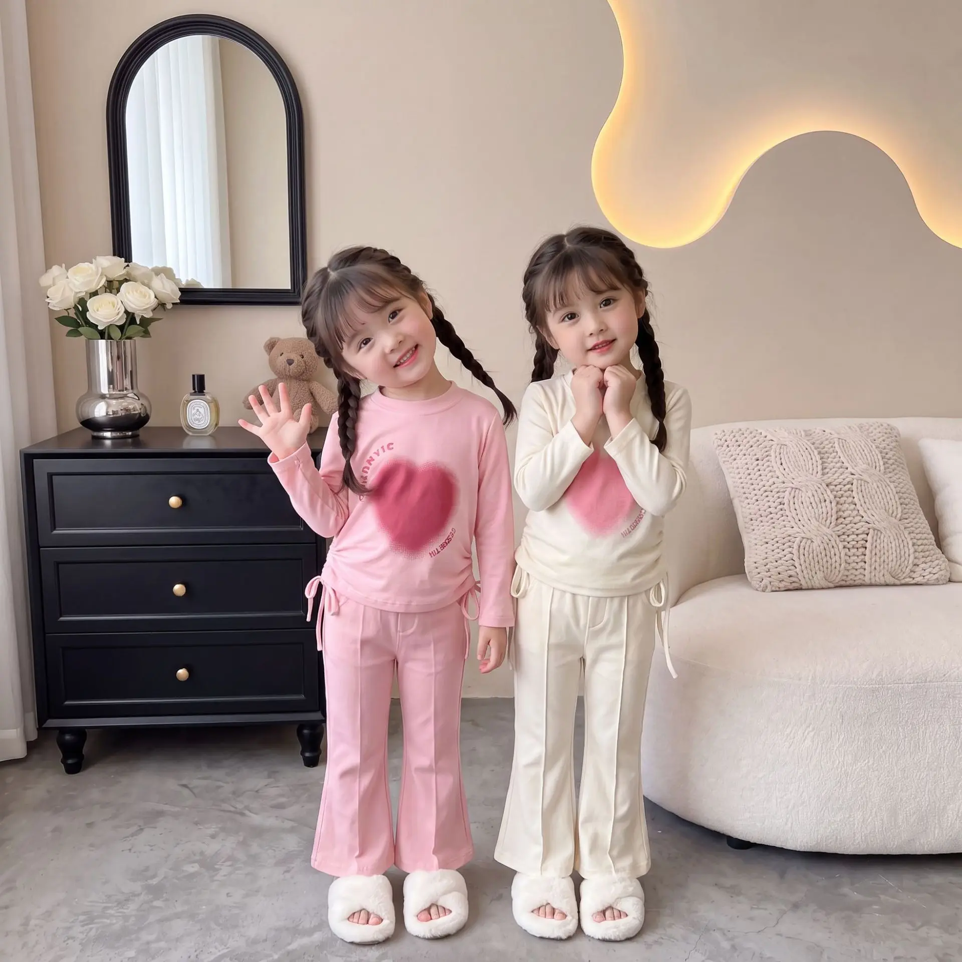 2026 Spring Autumn New Girls Set Drawstring Waist Heart Medium Small Long Sleeve Top Flare Pants Two Piece Set Trendy