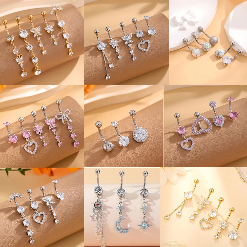 3-5pcs/Lot Belly Button Ring Sets Heart Butterfly Flower Dangled Belly Piercing Nombril 14G Curved Navel Rings Jewelry for Women