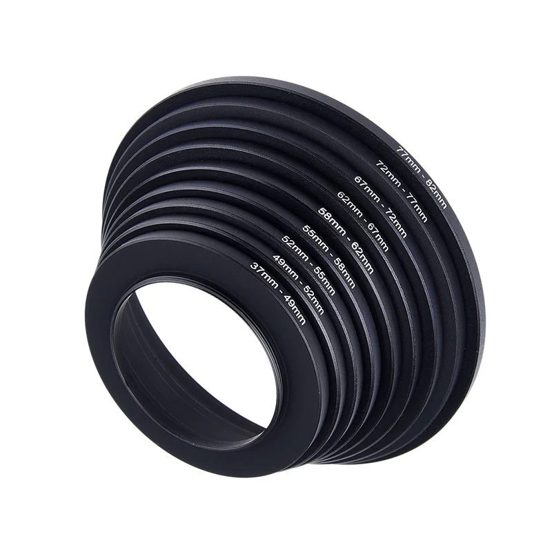 8pcs Filter Step Up Rings Adapter 49-52-55-58-62-67-72-77-82mm 49mm-82mm Filter Lens Camera Accessories High Quality