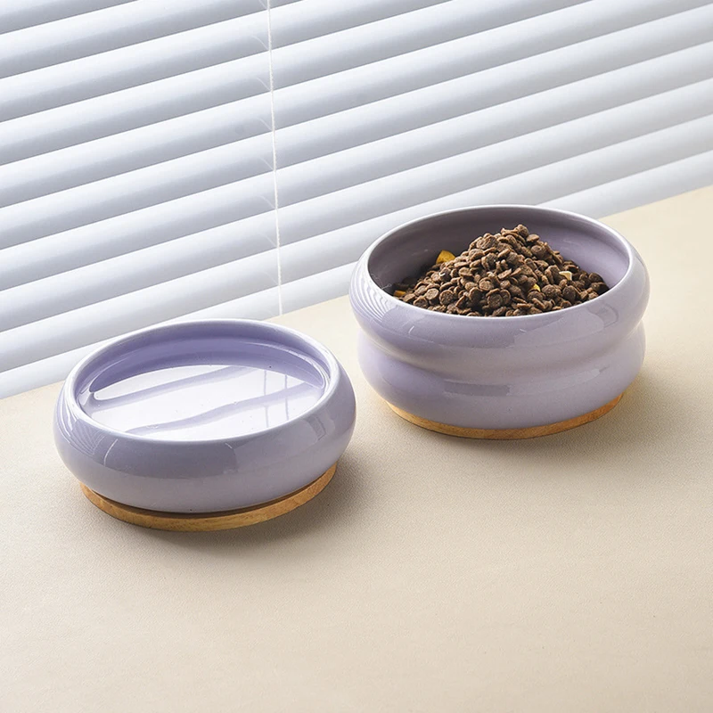 INS Eco-Friendly Portable Split Ceramic Wood Pet Bowl Elevated Inclined Mouth with Anti-Tipping Stand for Cat Dog Food Water