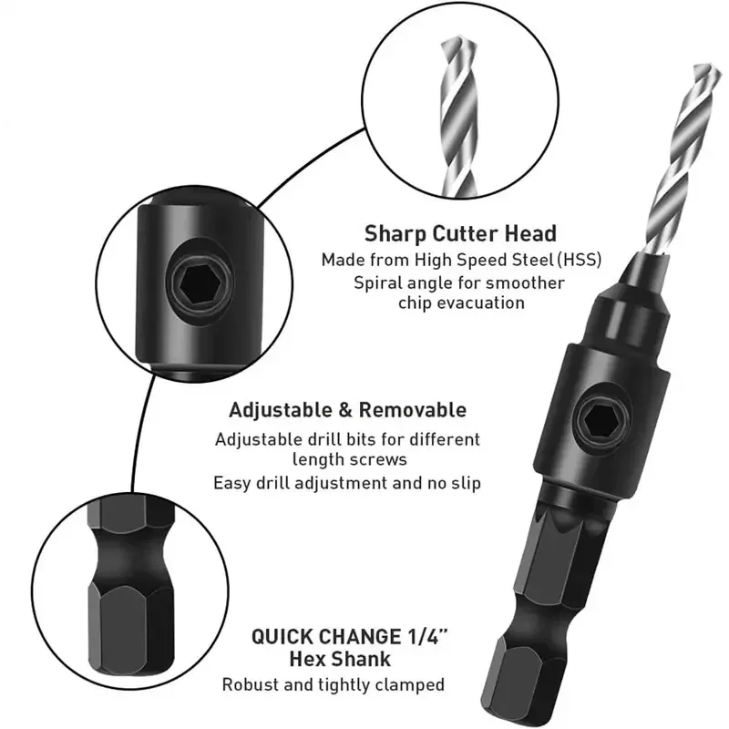 木工カウンターシンクドリルビットセット、六角シャンク、1 lレンチ、1/4 "、1、5個、 #5、 #6、 #8、 #10、 #12