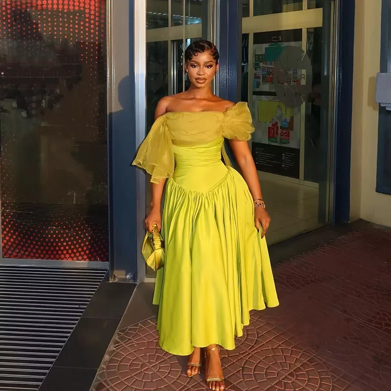

Simple Light Green Ball Dress A-line off shoulder pleated sleeveless party dress ankle satin evening dress customization