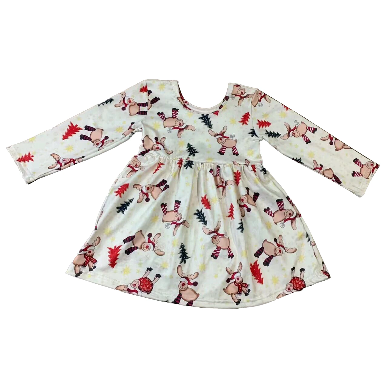 New Toddler Girls Christmas Dresses Cartoon Deer Long Sleeves Girls Ginger Bread Dresses