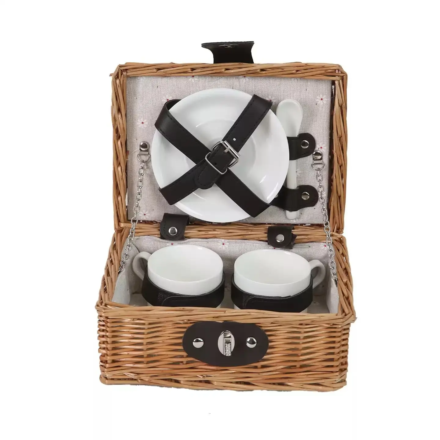 2 Person Willow Picnic Basket Set, Wicker Tea Coffee Hamper with 2 Ceramic Cups, Saucers & Spoons, Portable Outdoor Picnic - view 2
