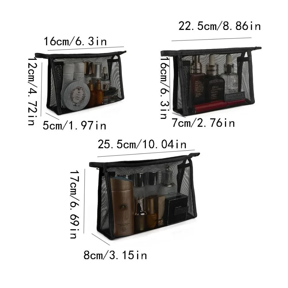 حقيبة مكياج شبكية كاجوال بسحاب مقلمة حقيبة مستحضرات تجميل شفافة سعة كبيرة منظم حافظة تخزين حقيبة أدوات الزينة للسفر