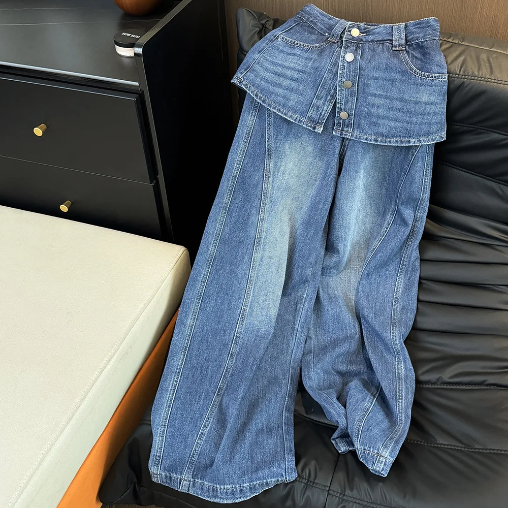 

Vintage Jean Women Full Length Straight Jeans Denim Washed Trousers Solid Spliced Zipper Fly Loose Pockets Spring Basics