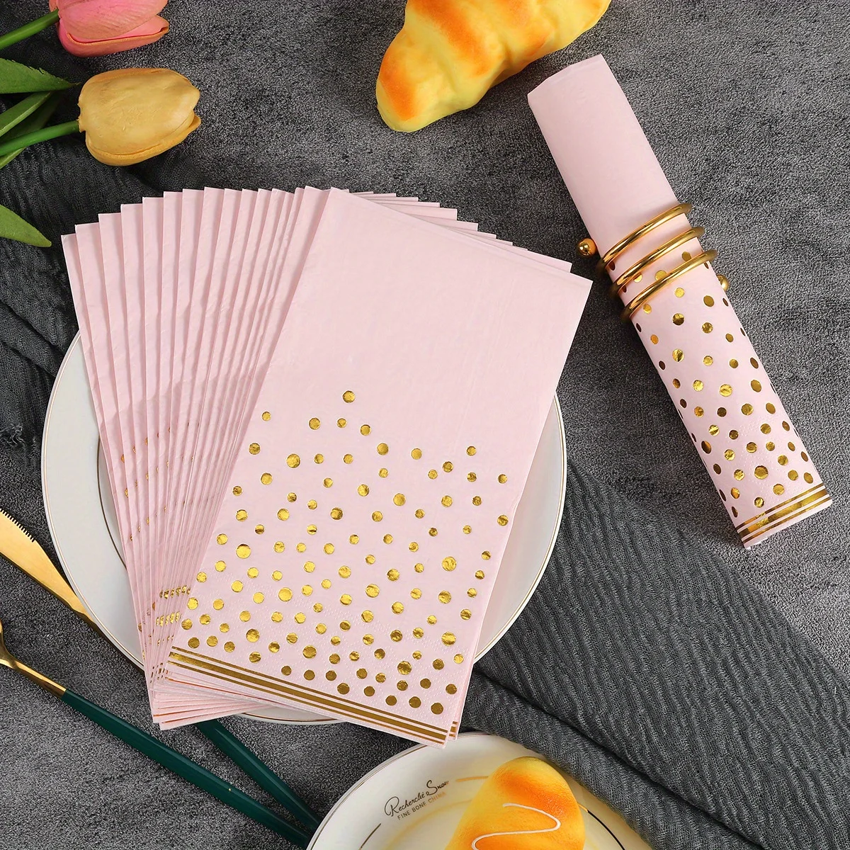 Rosa Servietten, Einweg-Dinner-Servietten aus rosa und goldenem Papier, Kanten, Papierhandtuch, Gästeervietten für Geburtstagsfeier, Hochzeit – Detail 1