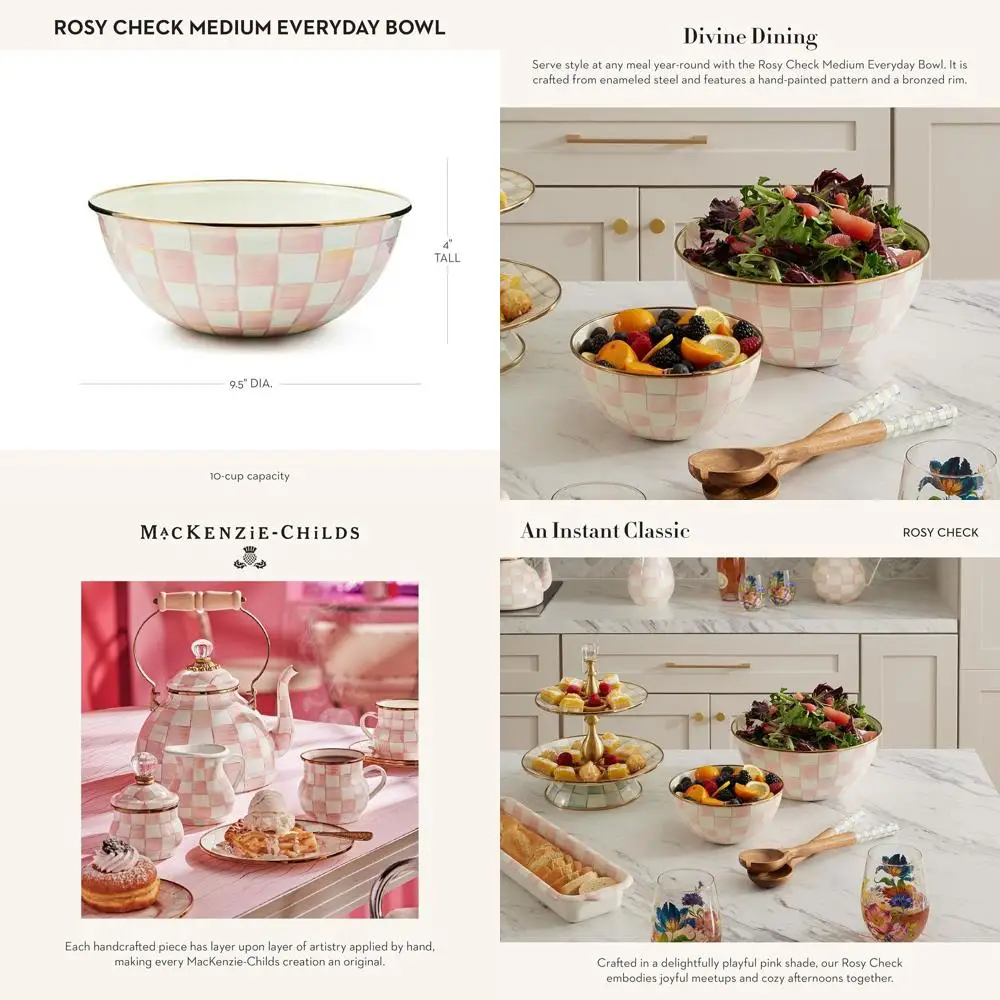 

Розово-розовая и белая клетчатая средняя эмалированная сервировочная миска для повседневного использования