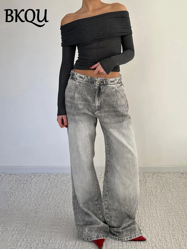 BKQU Fashion Low Waist Baggy Jeans Women Streetwear Retro Wide Leg Adjusted Waisted Denim Straight Trousers Harajuku Y2K Clothes