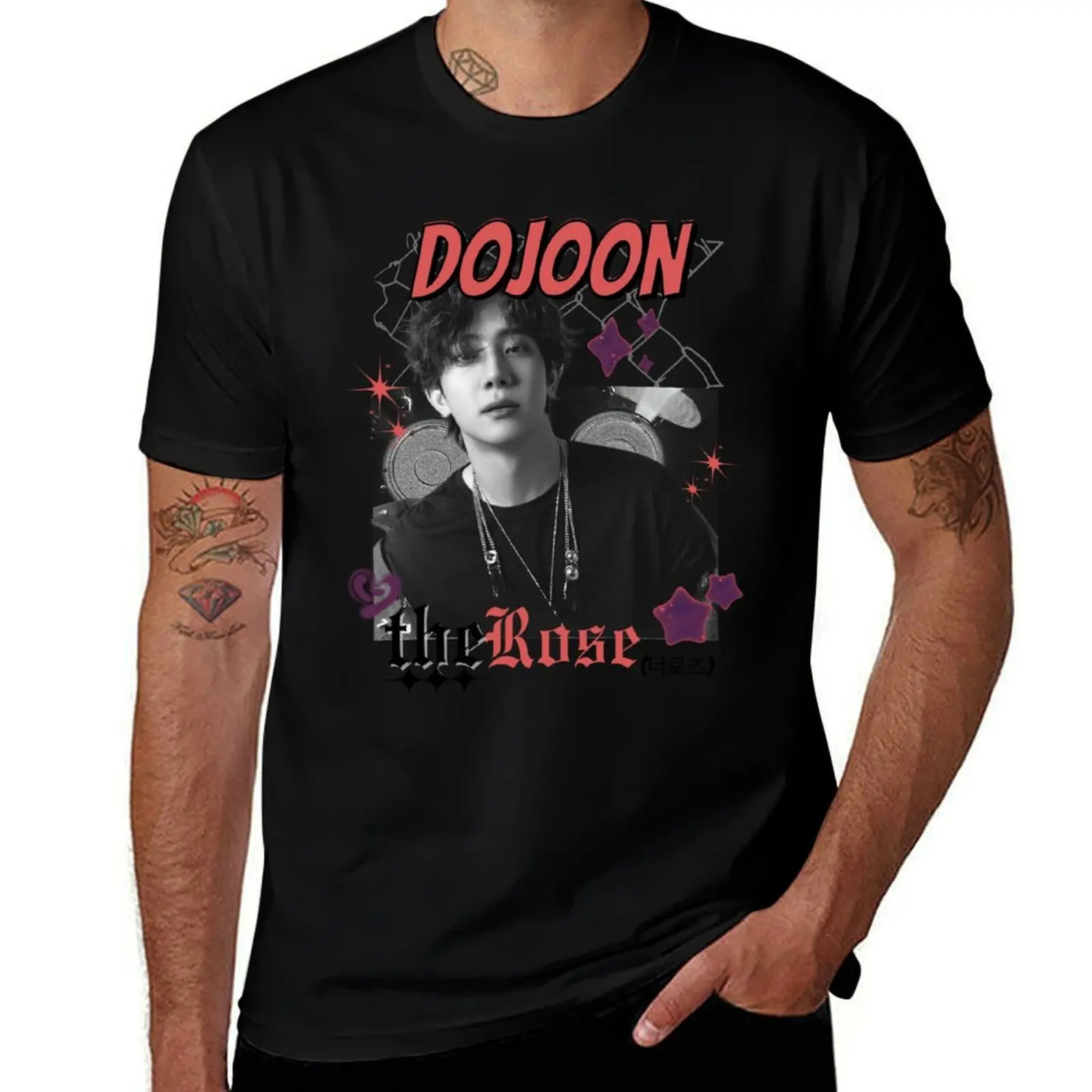 

Dojoon The Rose Kpop Group Band Monochrome Red and Black Collage Art Design T-Shirt sweat plain Men's t-shirt