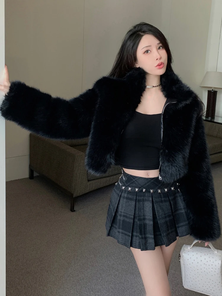 2024 Women Stand Collar Zipper Plush Faux Fur Jacket Winter New Korean Advanced Sense Fashion High Street Versatile Short Coat