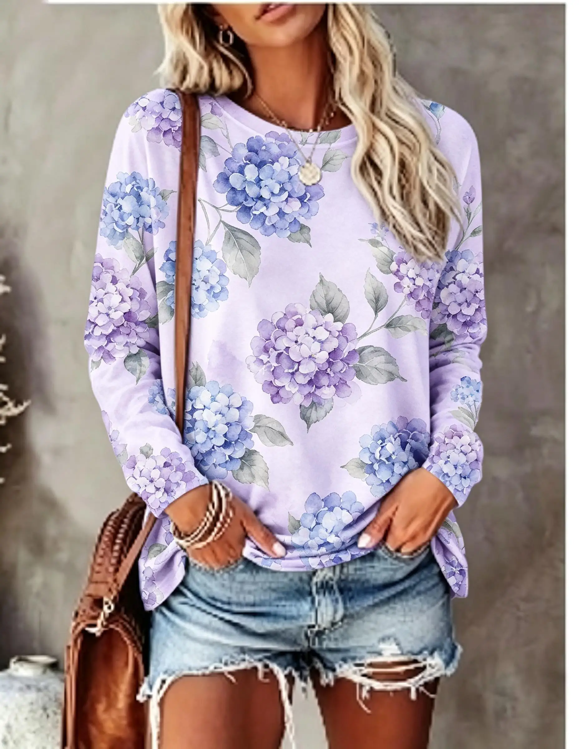 Women Long Sleeve T Shirt Watercolor Purple Hydrangea Floral Print Crew Neck Casual Fall Tops image 3