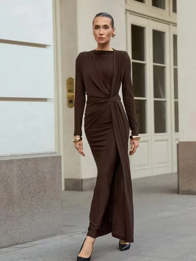 

Faionable Slim Fit Long Sve Нерегулярная плиссированная юбка трапециевидной формы с высокой талией Повседневная одежда Par Dr Color