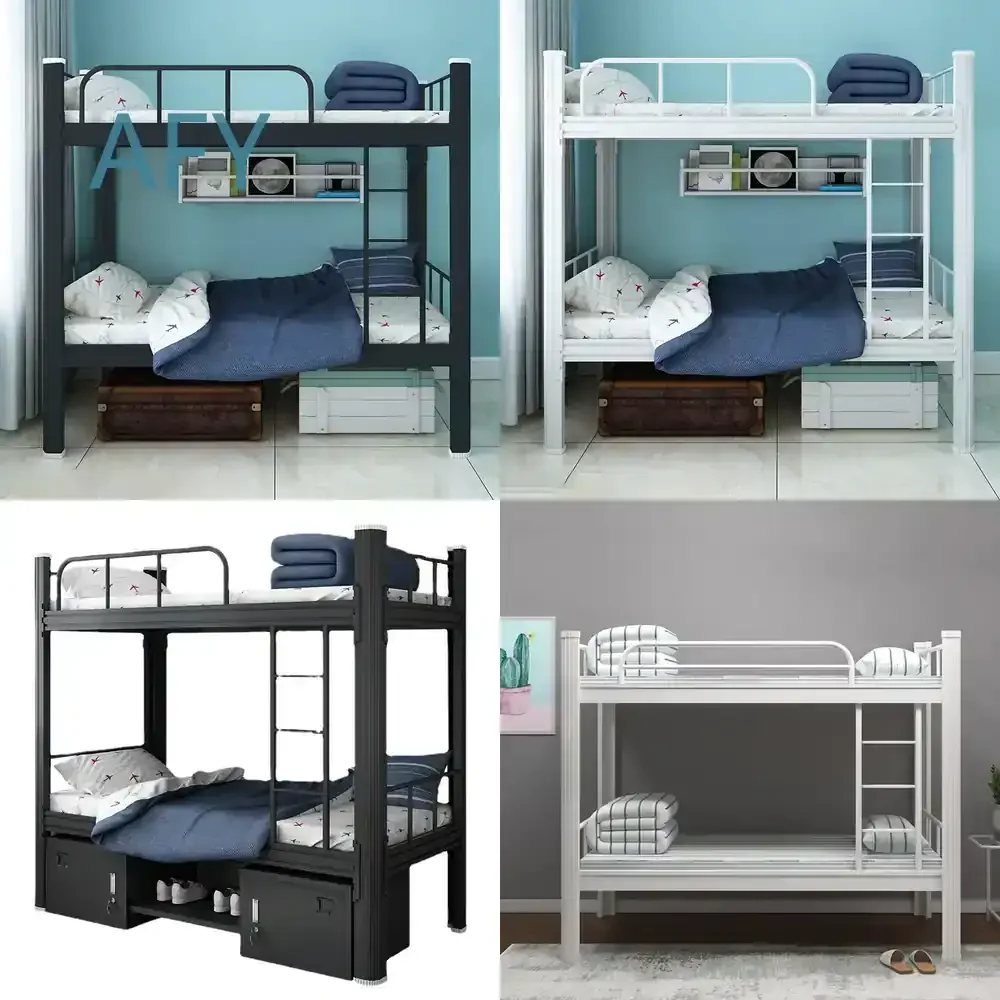 Double Bunk Bed for Kids Adults Students Hostel Space Saving Metal Twin Over Twin Loft Bed Frame with Ladder for King Size
