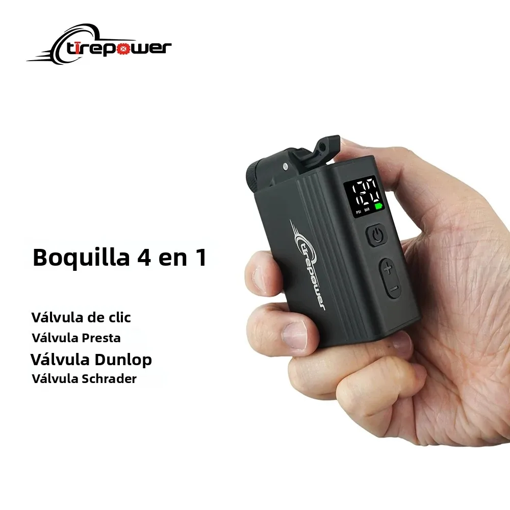 Mini Bomba de Aire Eléctrica Portátil para Inflar Neumáticos de Bicicleta, 120 PSI, con Pantalla, Carga Rápida, con Válvulas Presta, Schrader, Dunlop y Clik