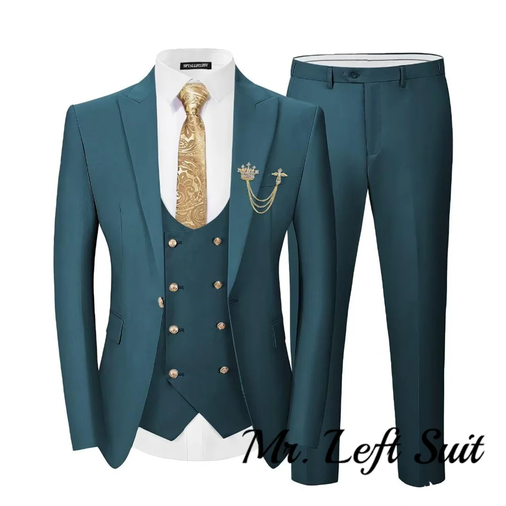 3 Pieces Suits for Men Slim Fit Gold Button Wedding Prom Solid Blazer Double Breasted Vest and Pants Tuxedo Set